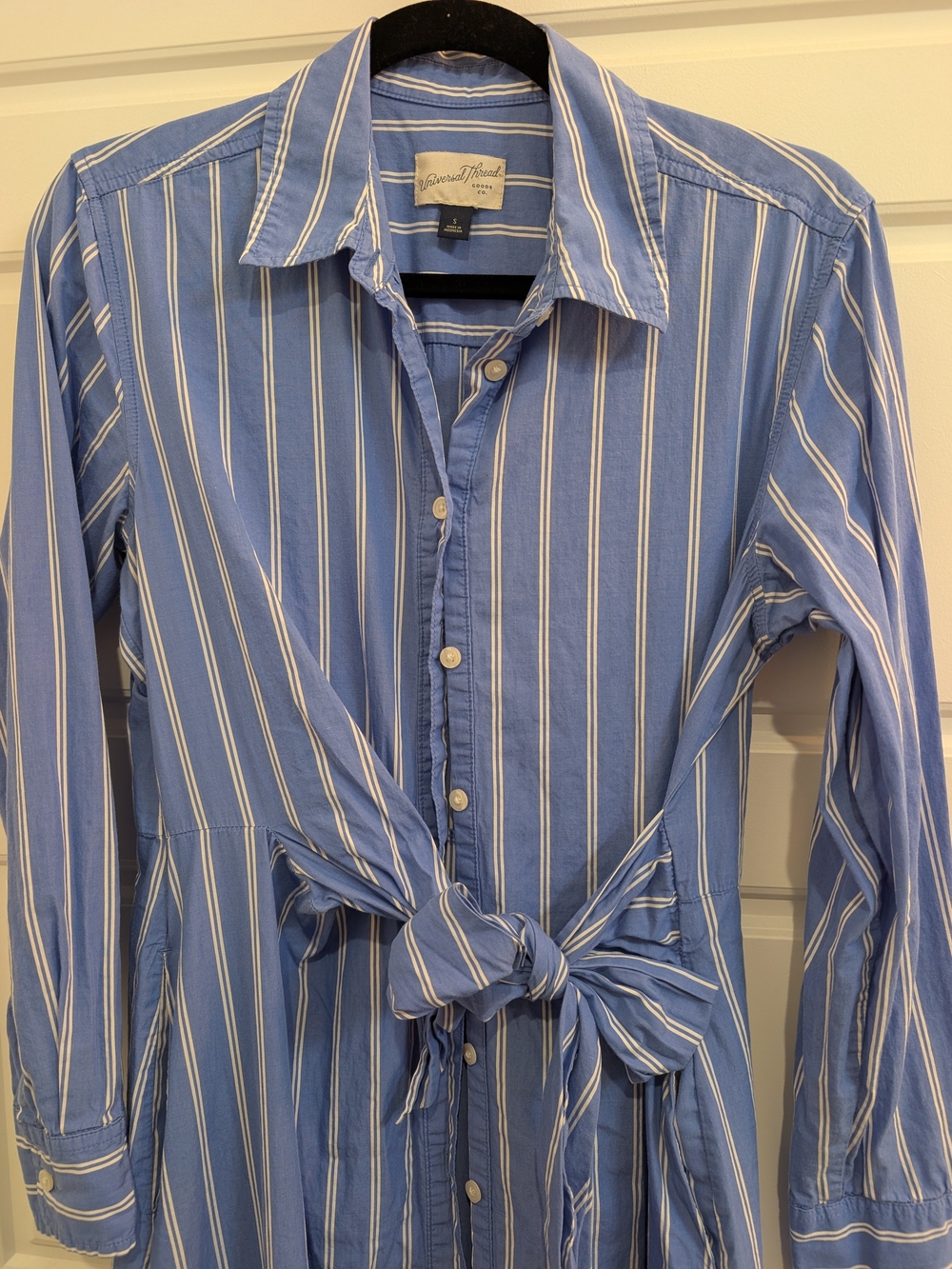 Blue Striped Tie-Waist Button-Up Dress